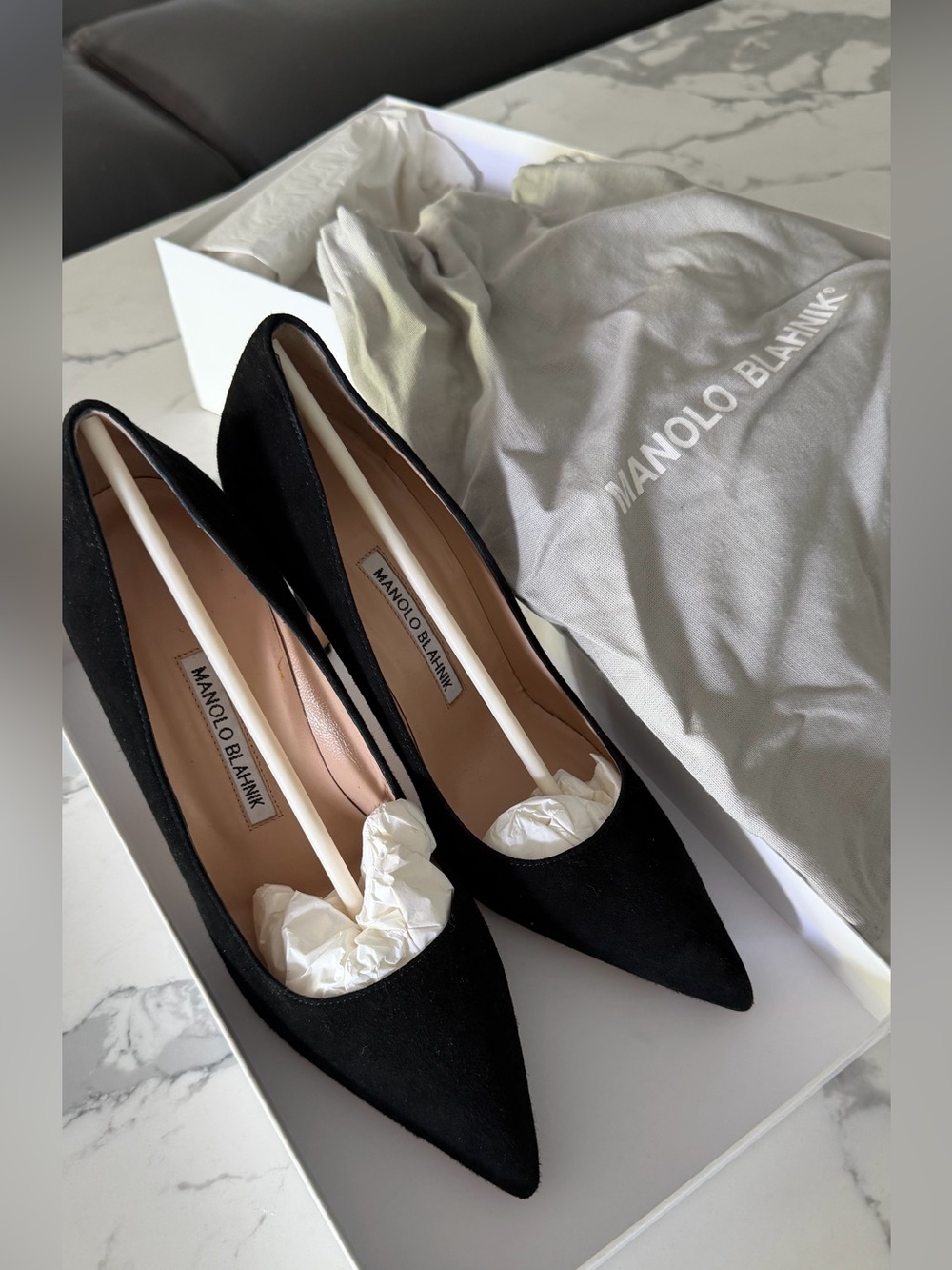 Manolo Blahnik BB Black Pointed Suede Pumps